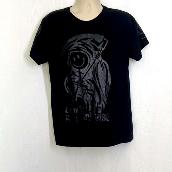Fresh Laundry - Don’t Kill My Vibe Smiley Grim Reaper Black Short Sleeve T Large - Picture 2 of 12
